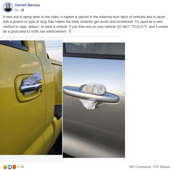 Fact Check NO Evidence DrugSoaked Napkins Are Being Placed in Car